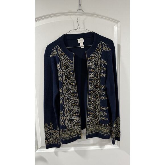 Chico’s Demitria Cardigan Navy Gold Beaded Embroidered Zip Jacket Sz 1 - Picture 5 of 14